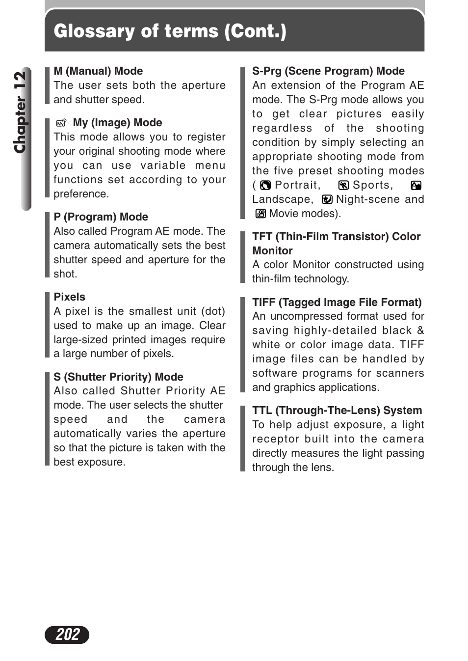 Glossary of terms (cont.), Chapter 12 | Olympus C-3020 Zoom User Manual | Page 202 / 206