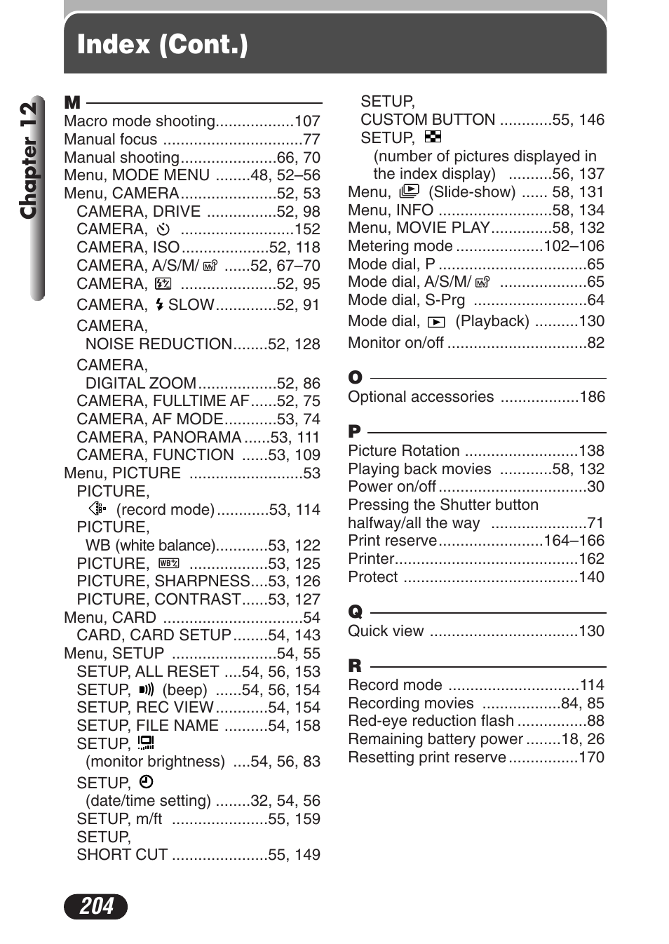 Index (cont.), Chapter 12 | Olympus C-3020 Zoom User Manual | Page 204 / 206