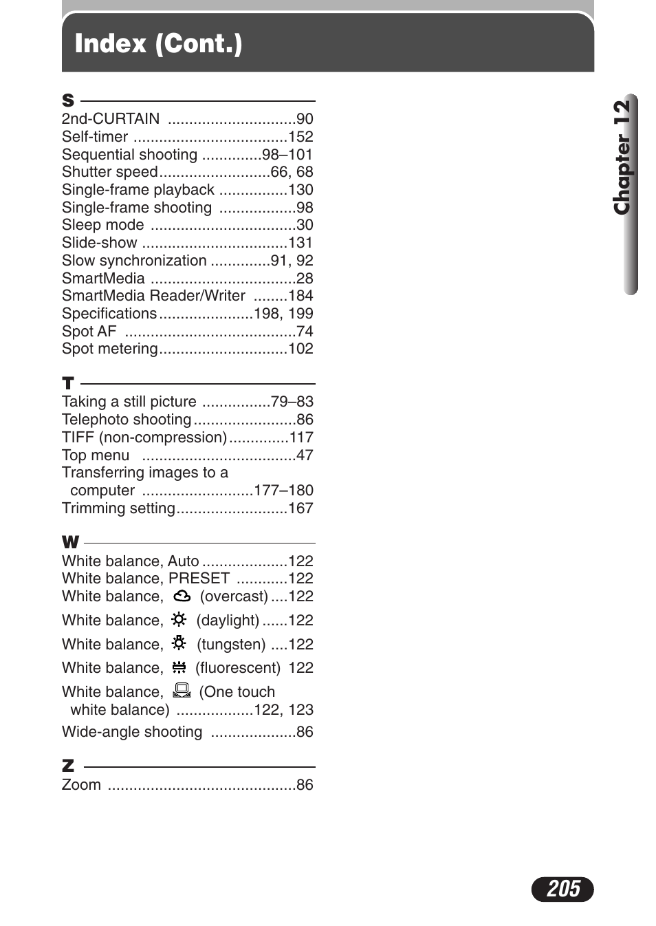 Index (cont.), Chapter 12 | Olympus C-3020 Zoom User Manual | Page 205 / 206