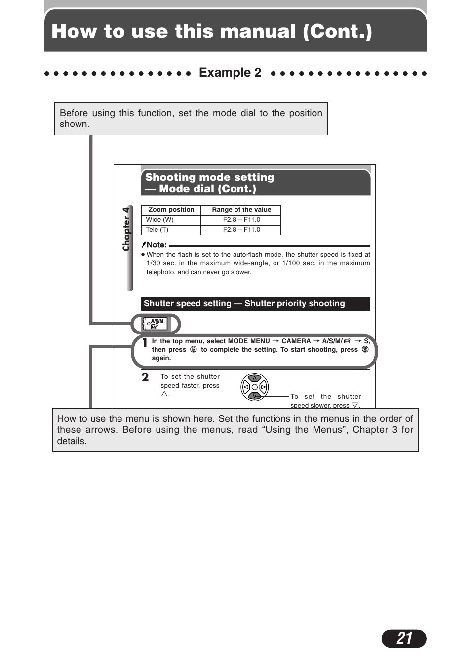 How to use this manual (cont.), Example 2, Shooting mode setting — mode dial (cont.) | Olympus C-3020 Zoom User Manual | Page 21 / 206