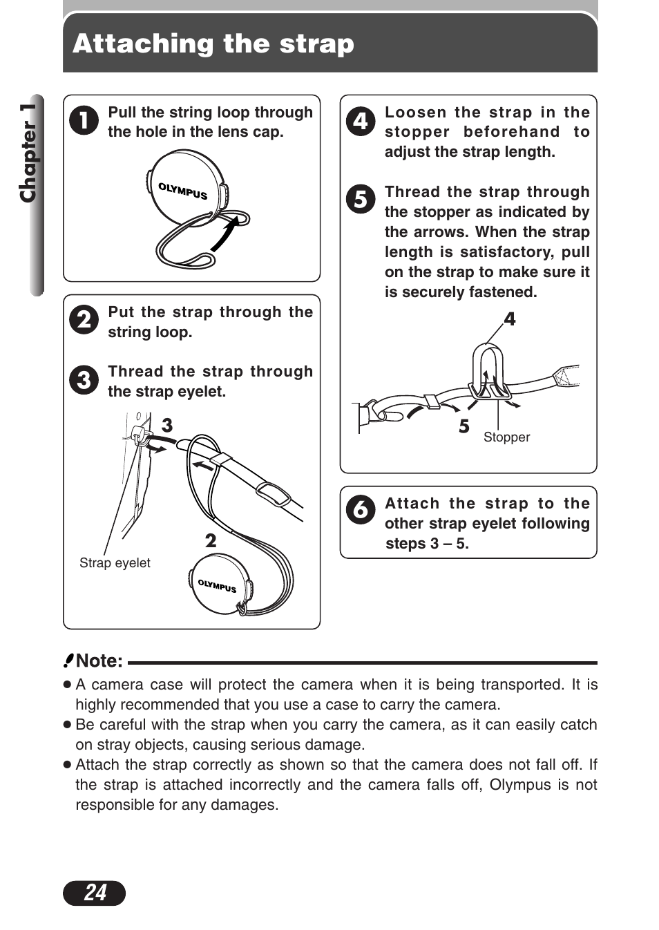 Attaching the strap | Olympus C-3020 Zoom User Manual | Page 24 / 206