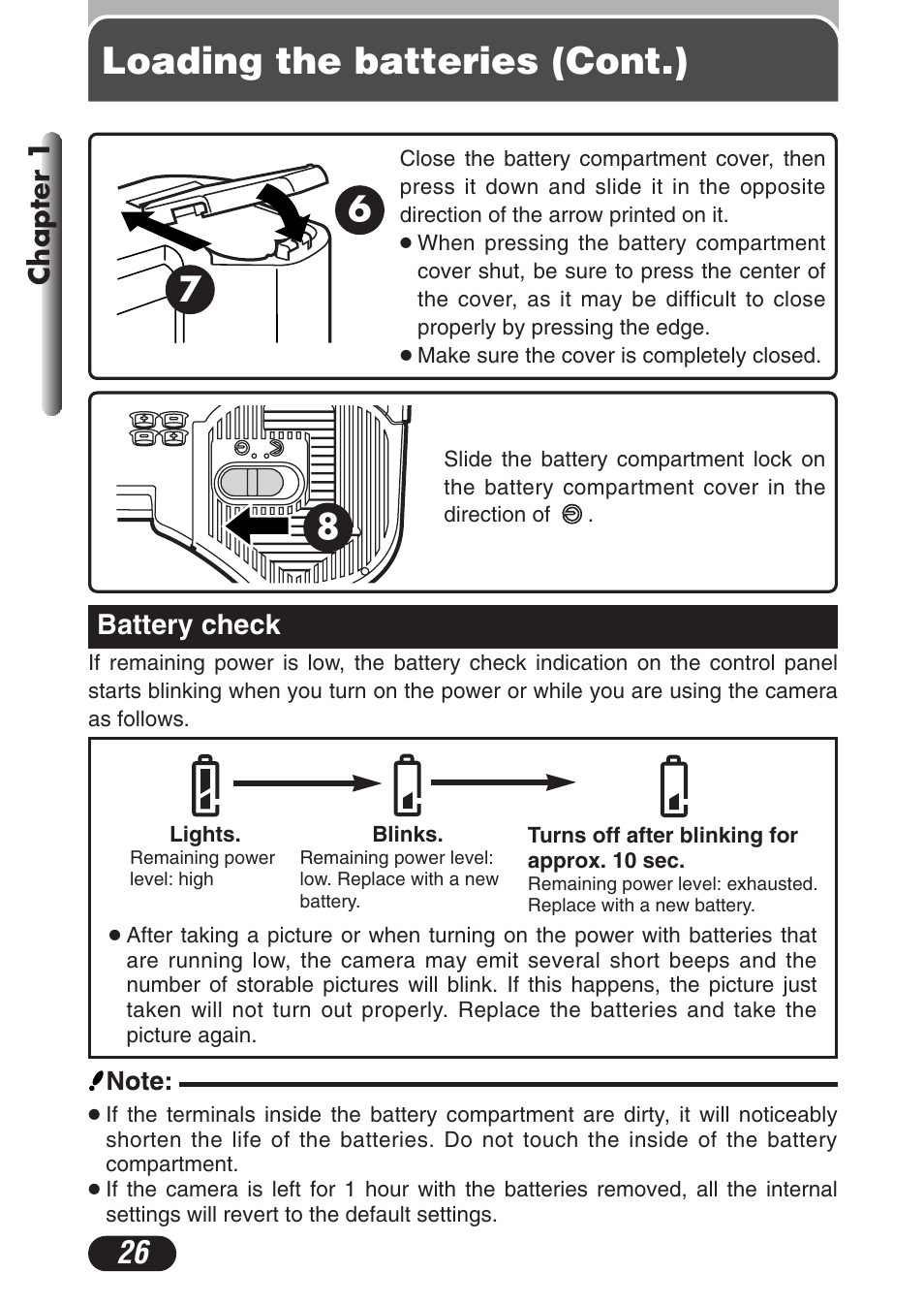 Battery check, Battery check 26, Loading the batteries (cont.) | Chapter 1 | Olympus C-3020 Zoom User Manual | Page 26 / 206