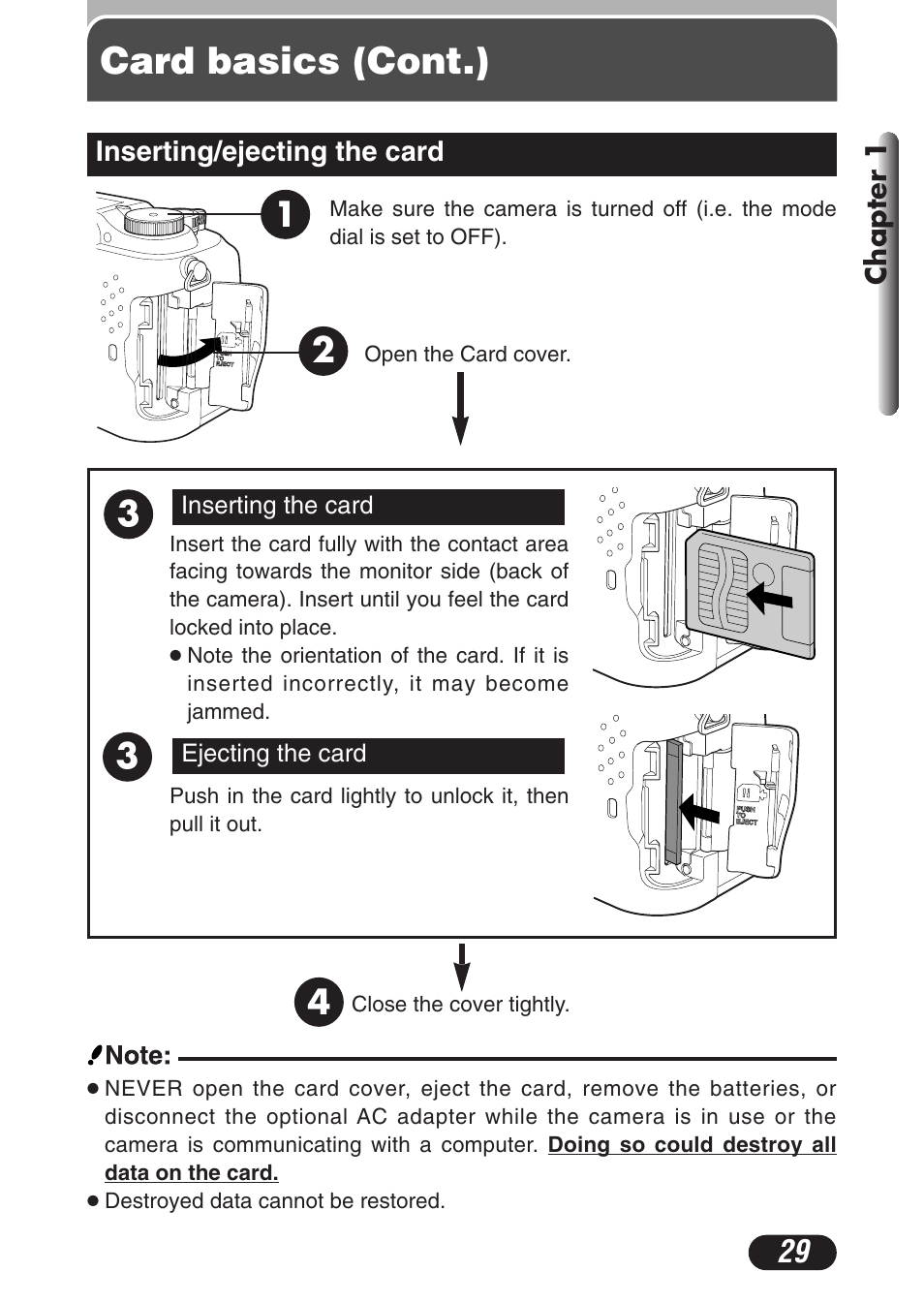 Inserting/ejecting the card, Inserting/ejecting the card 29, Card basics (cont.) | Olympus C-3020 Zoom User Manual | Page 29 / 206