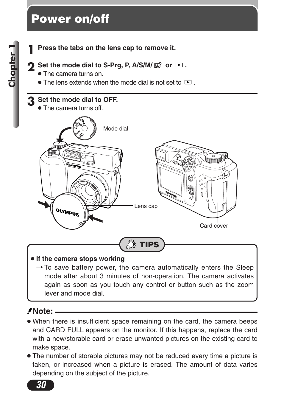 Power on/off | Olympus C-3020 Zoom User Manual | Page 30 / 206