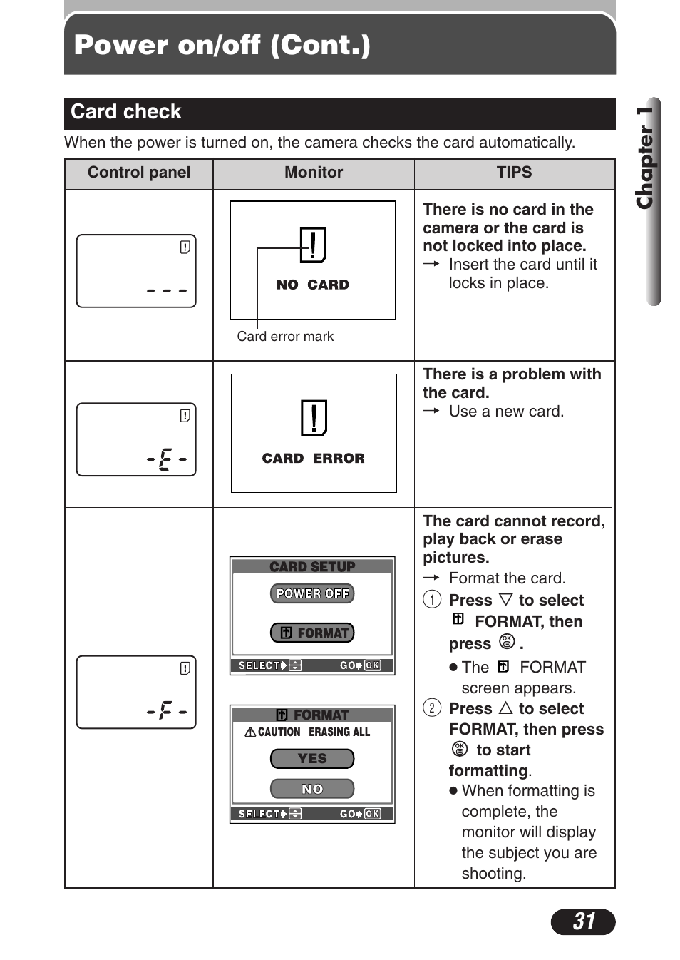 Card check, Card check 31, Power on/off (cont.) | Chapter 1 | Olympus C-3020 Zoom User Manual | Page 31 / 206
