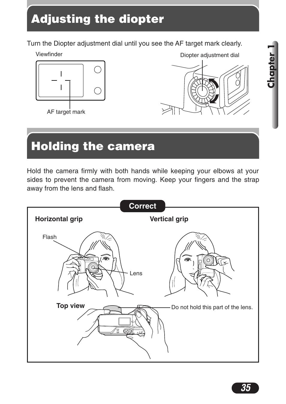 Adjusting the diopter, Holding the camera | Olympus C-3020 Zoom User Manual | Page 35 / 206