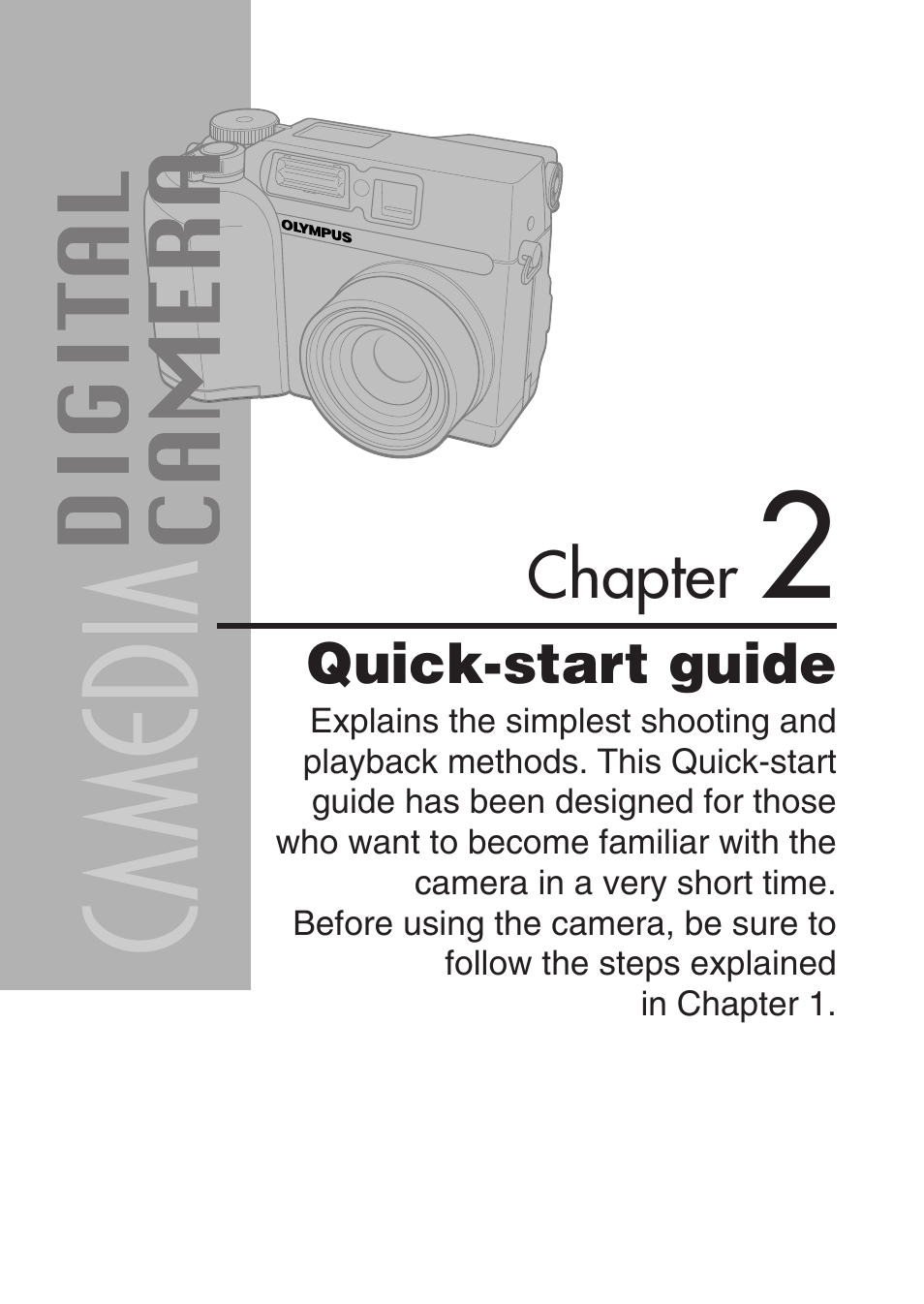 Chapter 2 quick-start guide, Quick-start guide, Chapter | Olympus C-3020 Zoom User Manual | Page 37 / 206