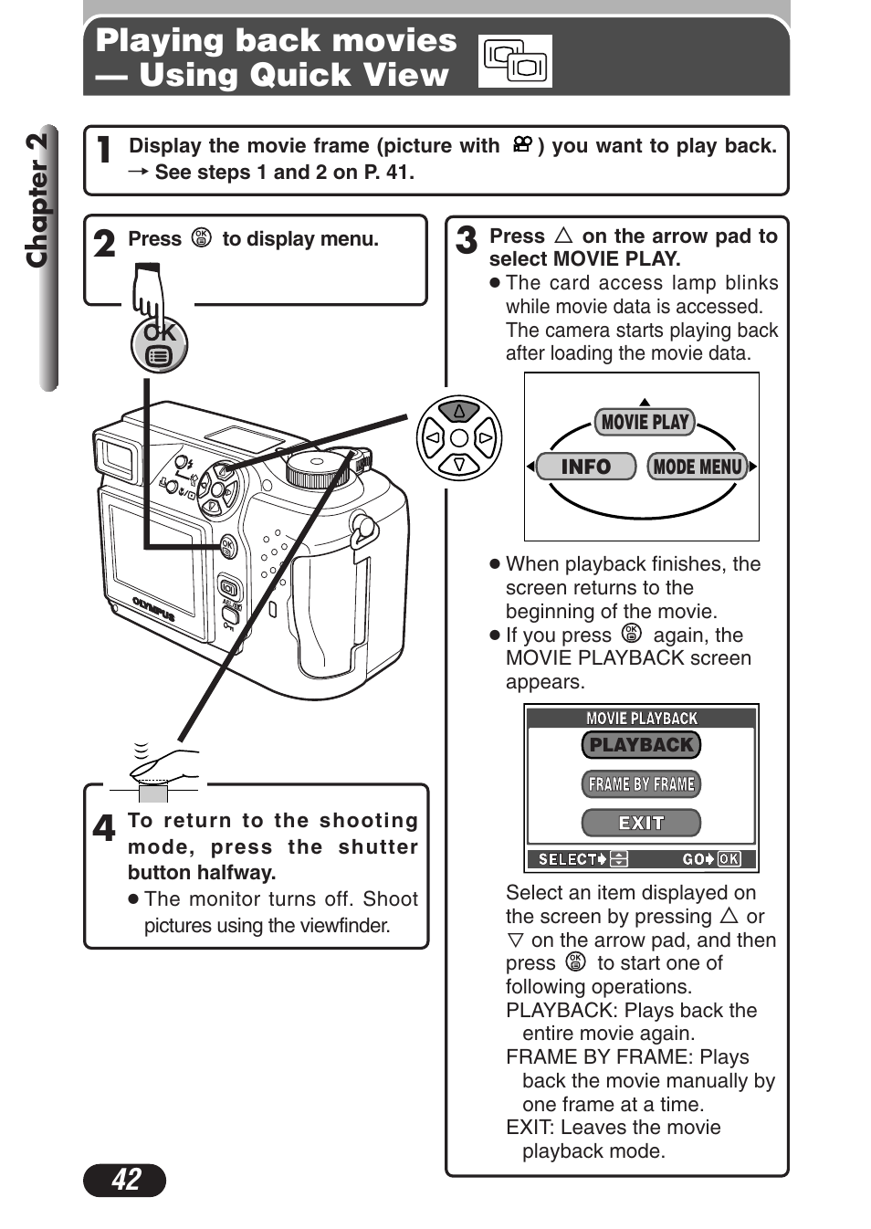 Playing back movies — using quick view, Chapter 2 | Olympus C-3020 Zoom User Manual | Page 42 / 206