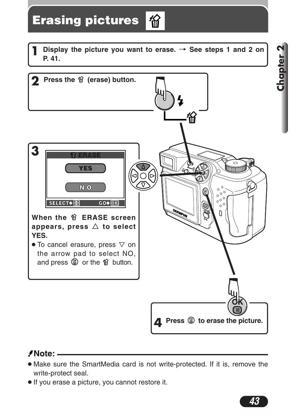 Erasing pictures, 3erasing pictures | Olympus C-3020 Zoom User Manual | Page 43 / 206