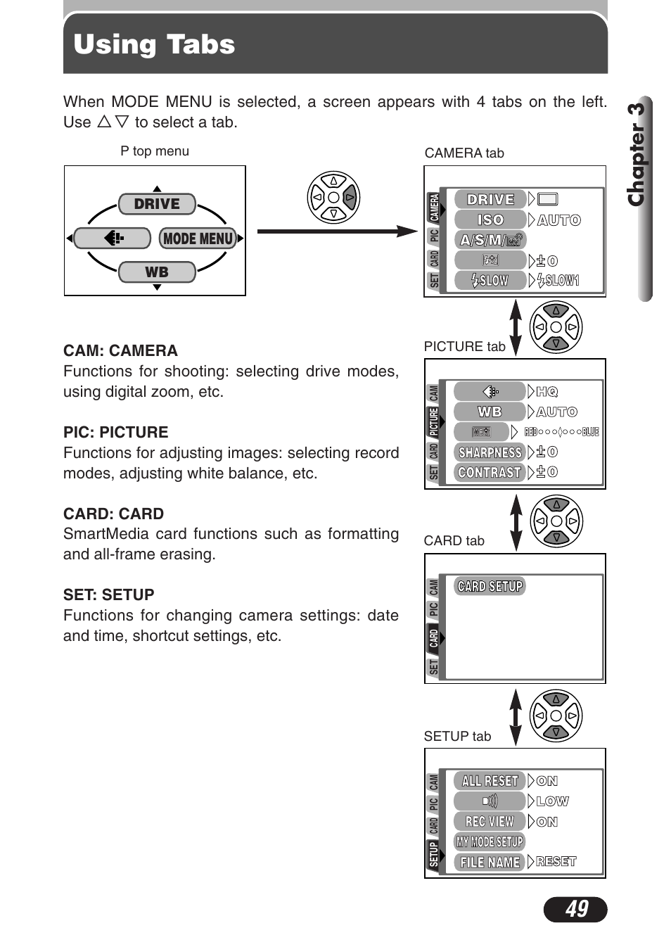 Using tabs, Chapter 3 | Olympus C-3020 Zoom User Manual | Page 49 / 206