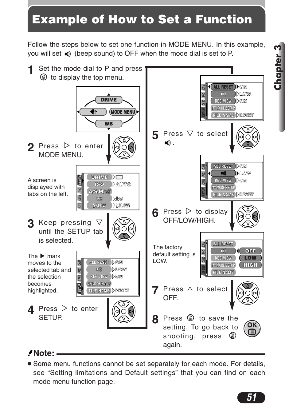 Example of how to set a function, Chapter 3, Press | Keep pressing, Until the setup tab is selected, Press ñ to select off | Olympus C-3020 Zoom User Manual | Page 51 / 206