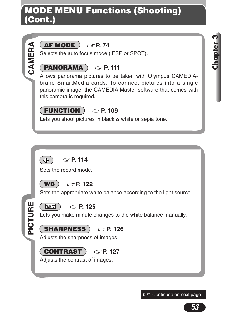 Mode menu functions (shooting) (cont.), Chapter 3 | Olympus C-3020 Zoom User Manual | Page 53 / 206