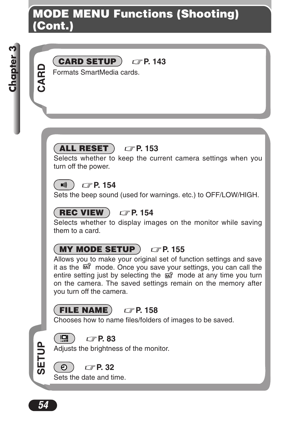 Mode menu functions (shooting) (cont.), Chapter 3 | Olympus C-3020 Zoom User Manual | Page 54 / 206