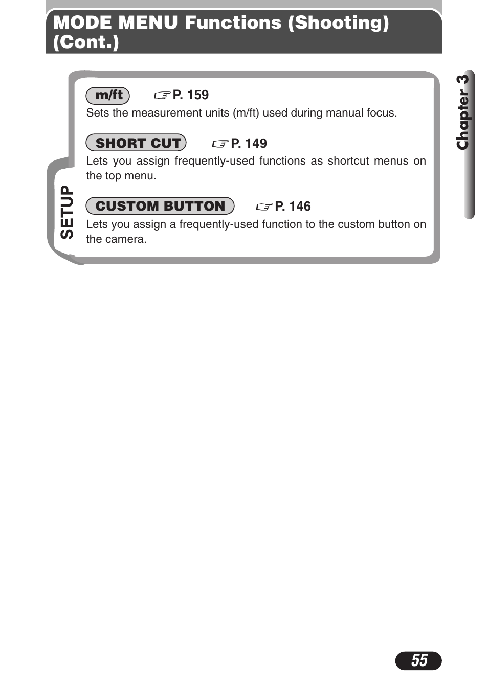 Mode menu functions (shooting) (cont.) | Olympus C-3020 Zoom User Manual | Page 55 / 206