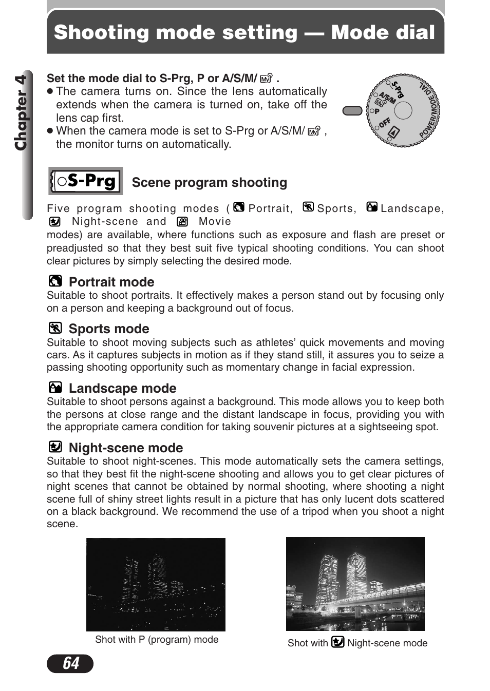Shooting mode setting — mode dial, Chapter 4 | Olympus C-3020 Zoom User Manual | Page 64 / 206