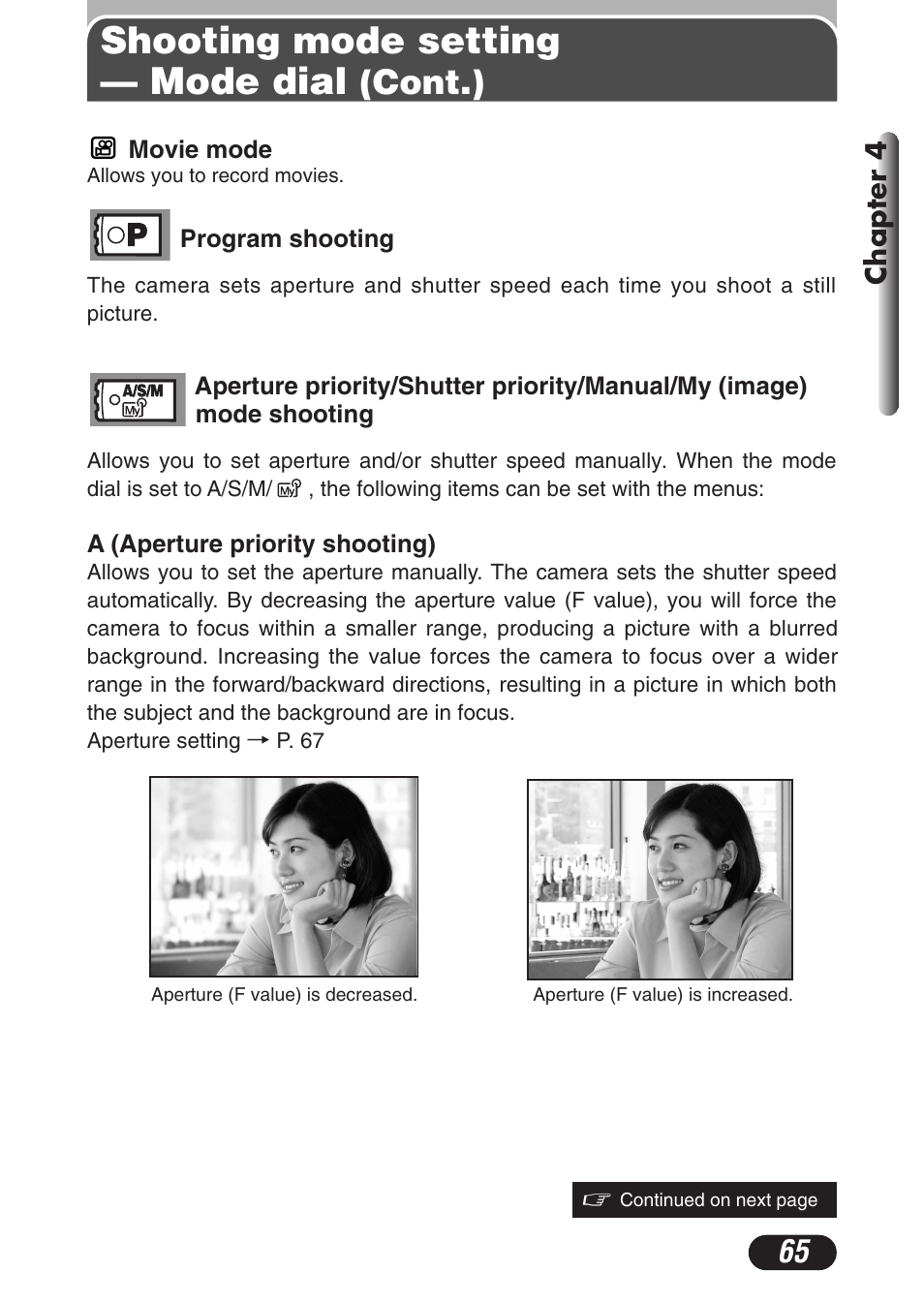 Shooting mode setting — mode dial, Cont.) | Olympus C-3020 Zoom User Manual | Page 65 / 206