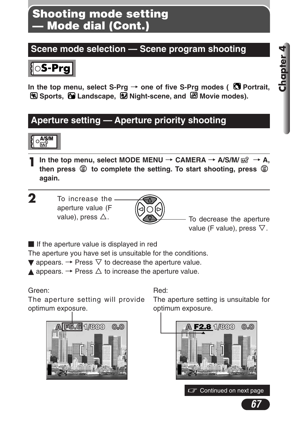 Scene mode selection — scene program shooting, Aperture setting — aperture priority shooting, Shooting mode setting — mode dial (cont.) | Chapter 4 | Olympus C-3020 Zoom User Manual | Page 67 / 206