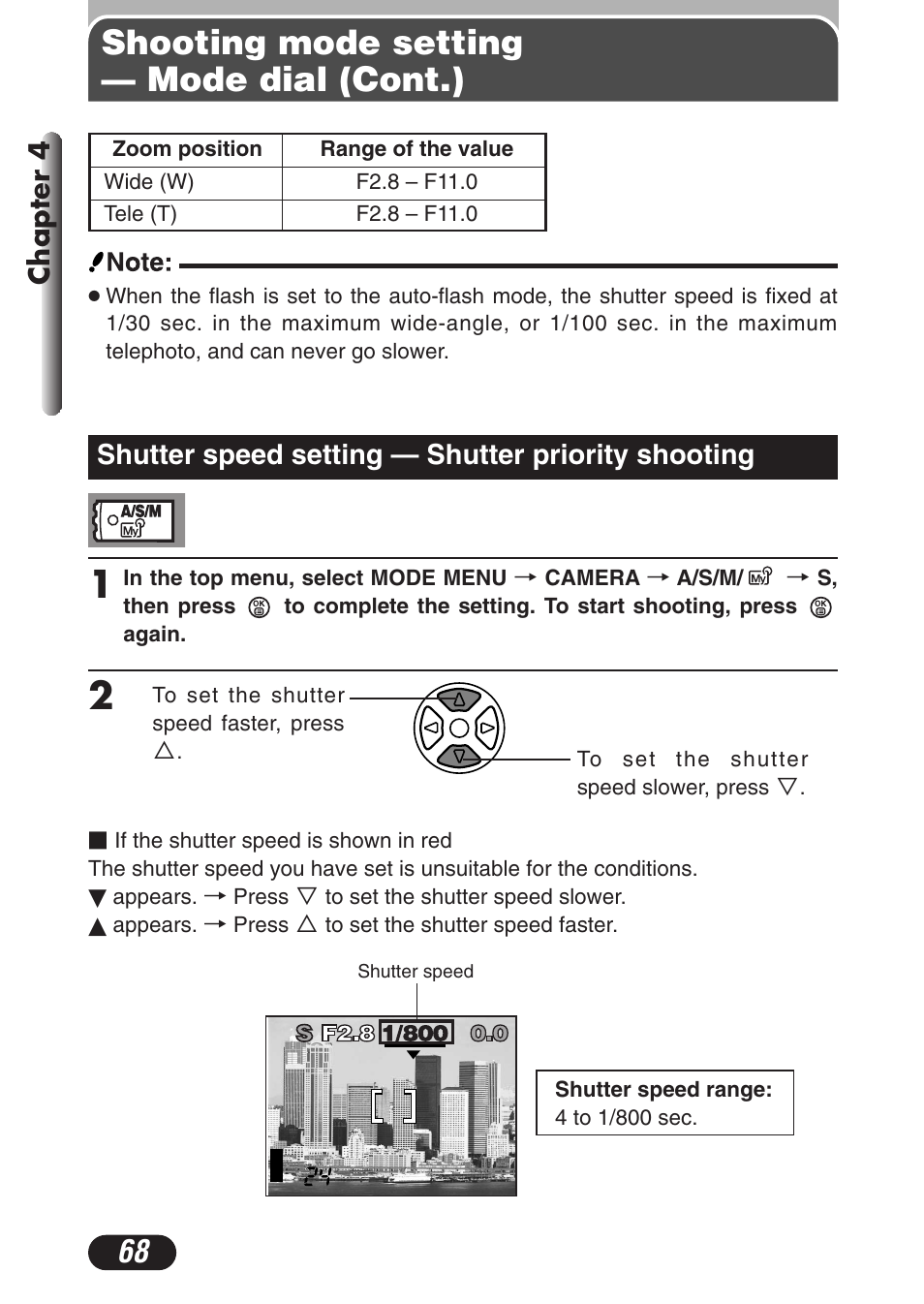Shutter speed setting — shutter priority shooting, Shooting mode setting — mode dial (cont.), Chapter 4 | Olympus C-3020 Zoom User Manual | Page 68 / 206