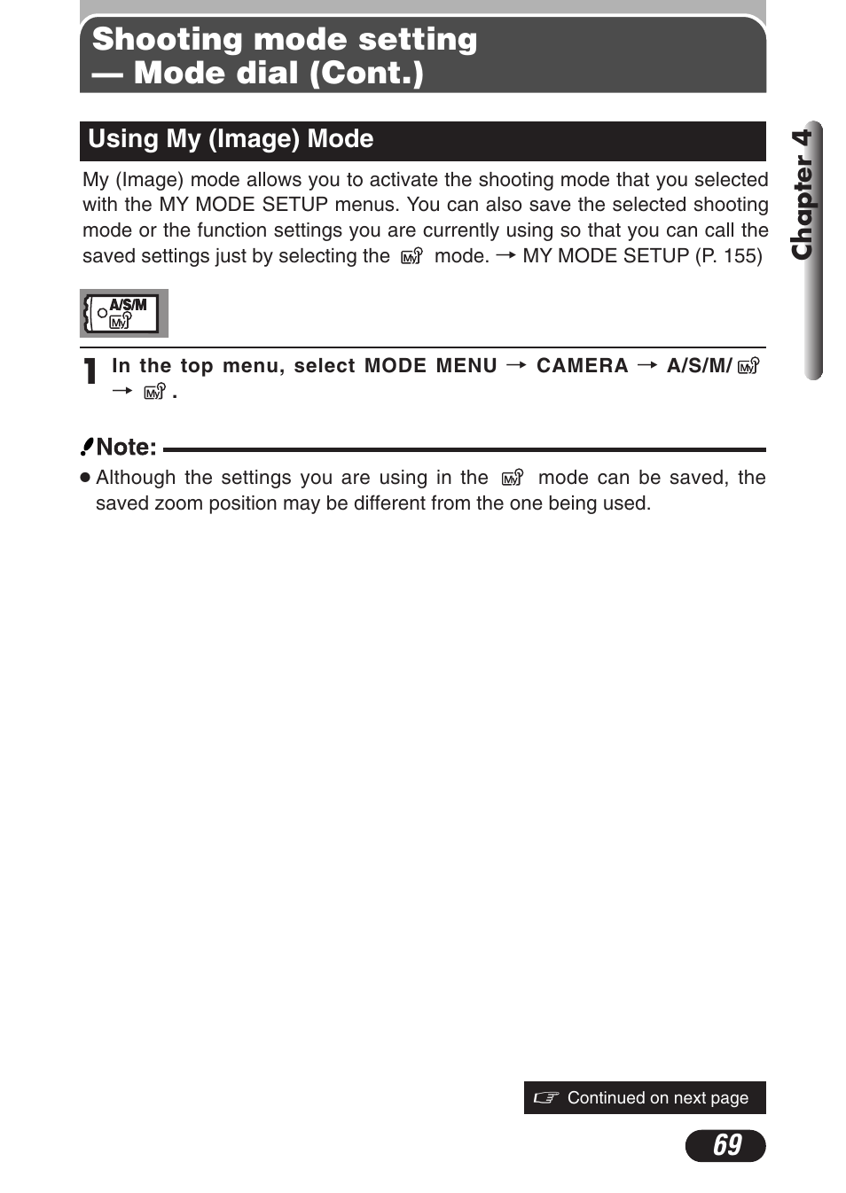 Using my (image) mode, Using my (image) mode 69, Shooting mode setting — mode dial (cont.) | Olympus C-3020 Zoom User Manual | Page 69 / 206
