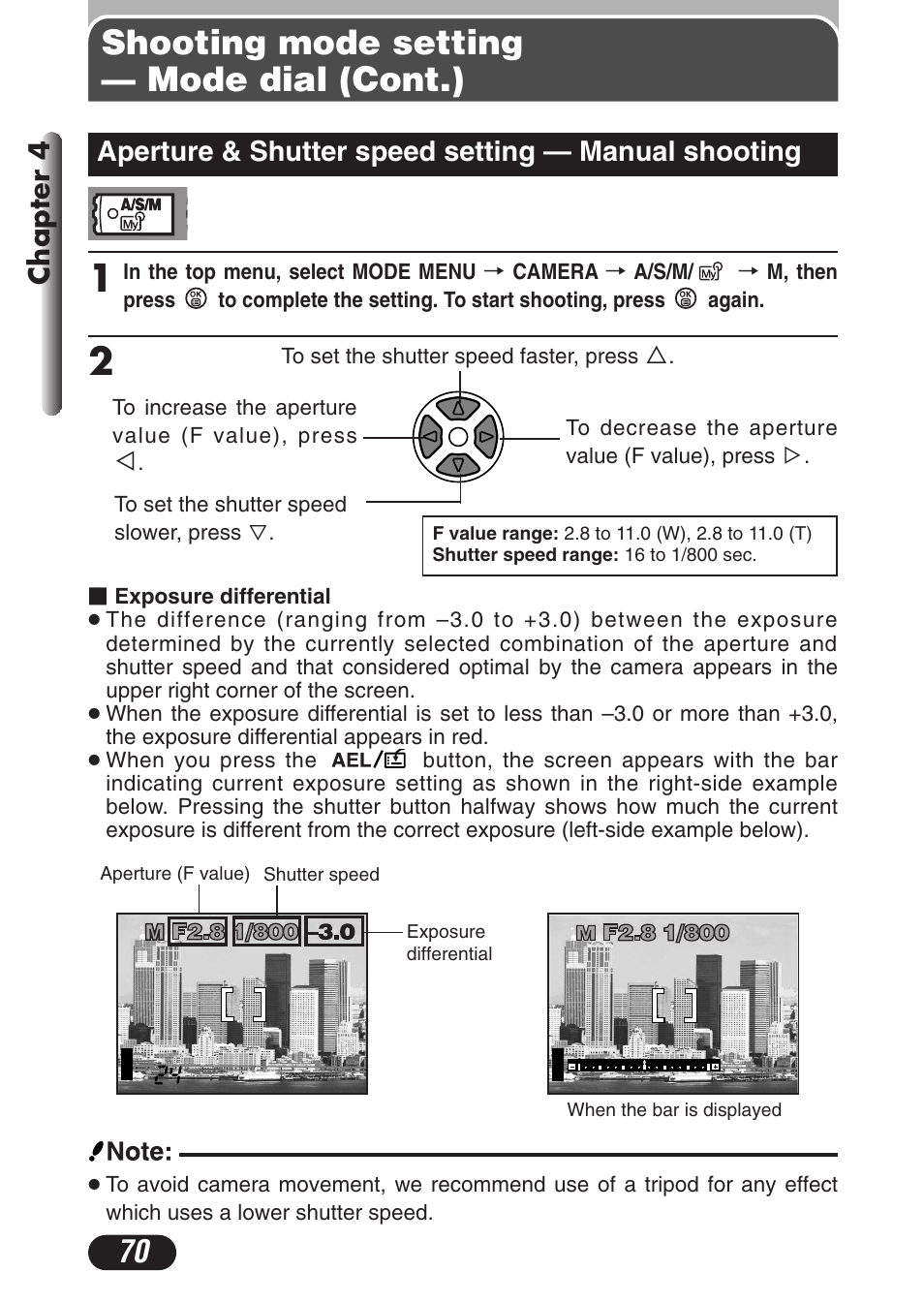 Aperture & shutter speed setting — manual shooting, Shooting mode setting — mode dial (cont.), Chapter 4 | Olympus C-3020 Zoom User Manual | Page 70 / 206