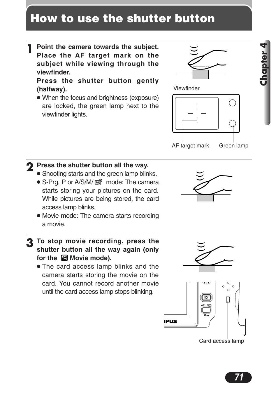 How to use the shutter button | Olympus C-3020 Zoom User Manual | Page 71 / 206