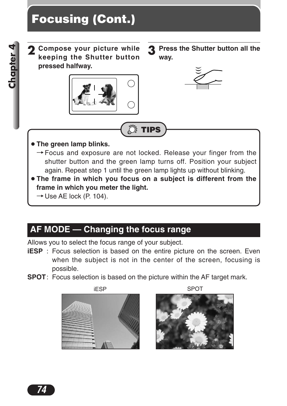 Af mode — changing the focus range, Af mode — changing the focus range 74, Focusing (cont.) 2 | Focusing (cont.) | Olympus C-3020 Zoom User Manual | Page 74 / 206