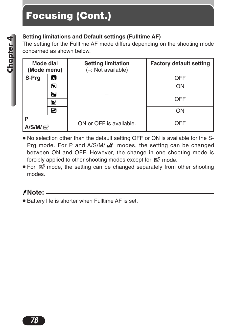 Focusing (cont.), Chapter 4 | Olympus C-3020 Zoom User Manual | Page 76 / 206