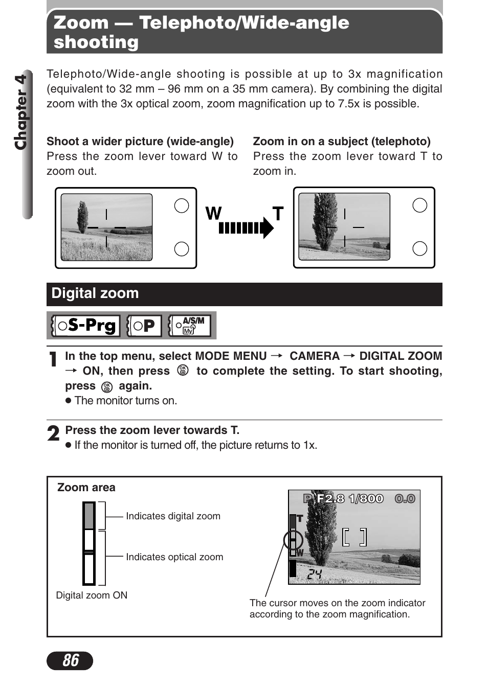 Zoom — telephoto/wide-angle shooting, Digital zoom, Digital zoom 86 | Olympus C-3020 Zoom User Manual | Page 86 / 206