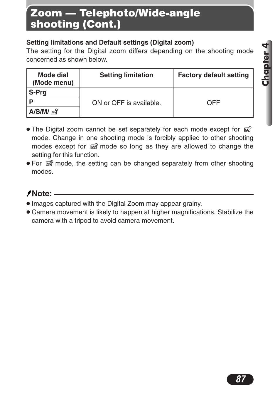 Zoom — telephoto/wide-angle shooting (cont.), Chapter 4 | Olympus C-3020 Zoom User Manual | Page 87 / 206