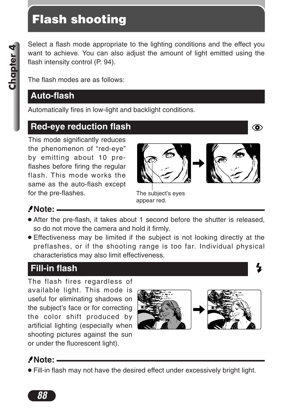 Flash shooting, Auto-flash, Red-eye reduction flash | Fill-in flash, Auto-flash 88 red-eye reduction flash | Olympus C-3020 Zoom User Manual | Page 88 / 206