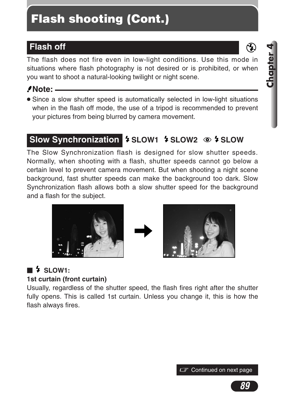 Flash off, Slow synchronization, Slow1 | Slow2, Slow, Flash shooting (cont.) | Olympus C-3020 Zoom User Manual | Page 89 / 206