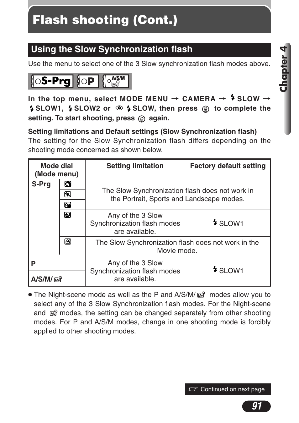 Using the slow synchronization flash, Using the slow synchronization flash 91, Flash shooting (cont.) | Chapter 4 | Olympus C-3020 Zoom User Manual | Page 91 / 206