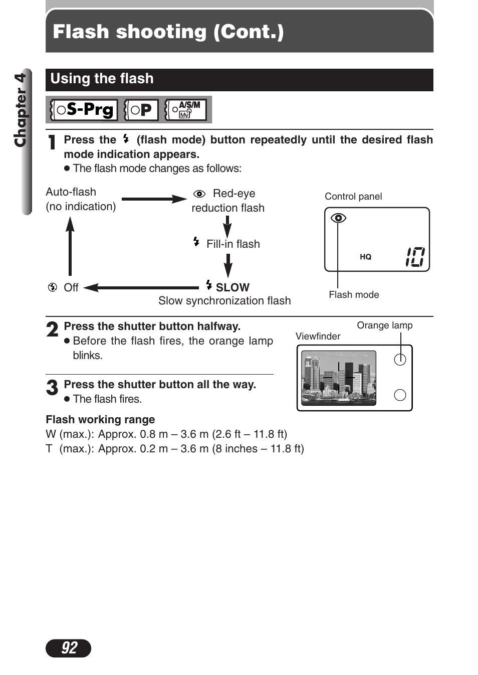 Using the flash, Using the flash 92, Flash shooting (cont.) 1 | Olympus C-3020 Zoom User Manual | Page 92 / 206