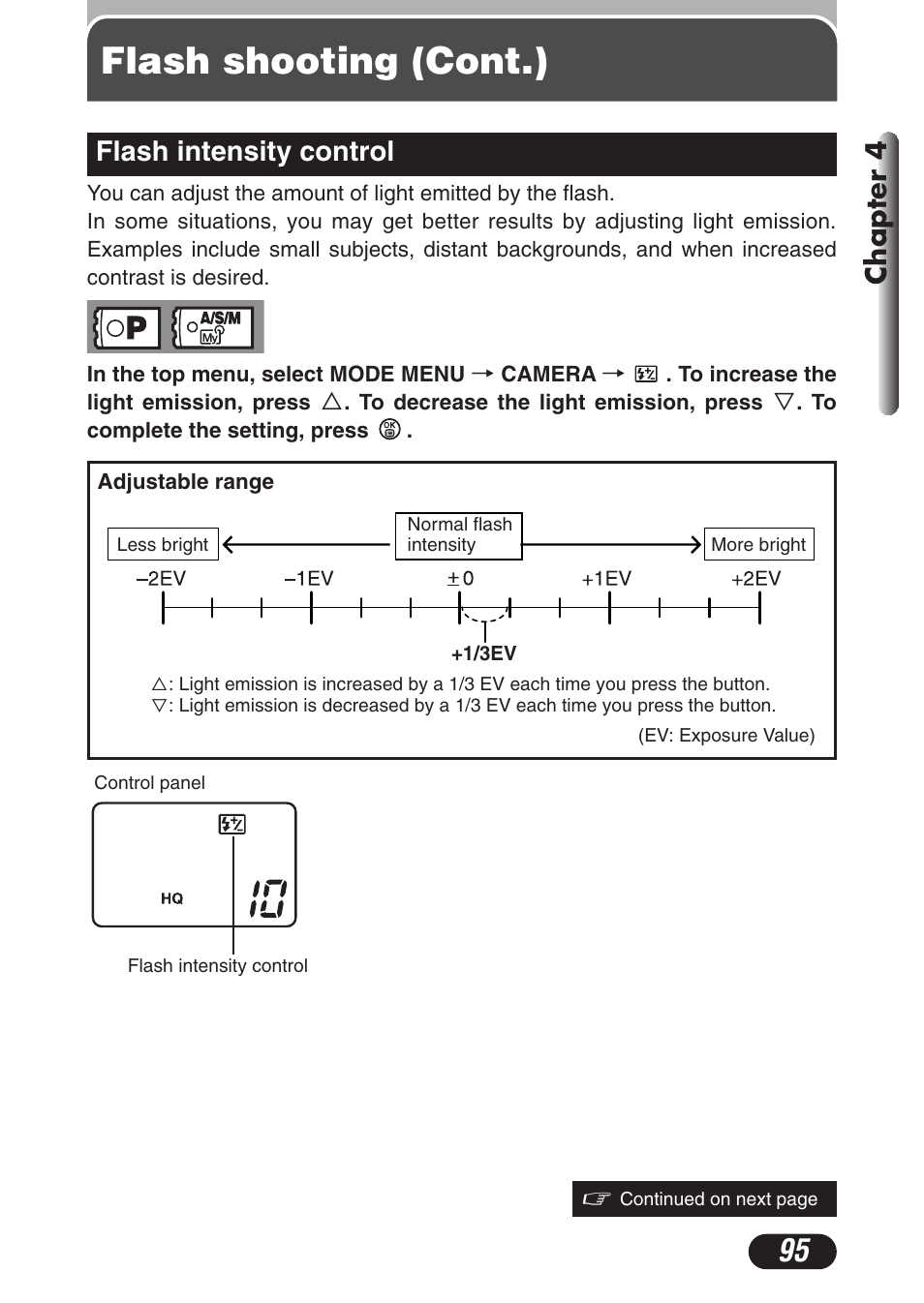 Flash intensity control, Flash intensity control 95, Flash shooting (cont.) | Chapter 4 | Olympus C-3020 Zoom User Manual | Page 95 / 206