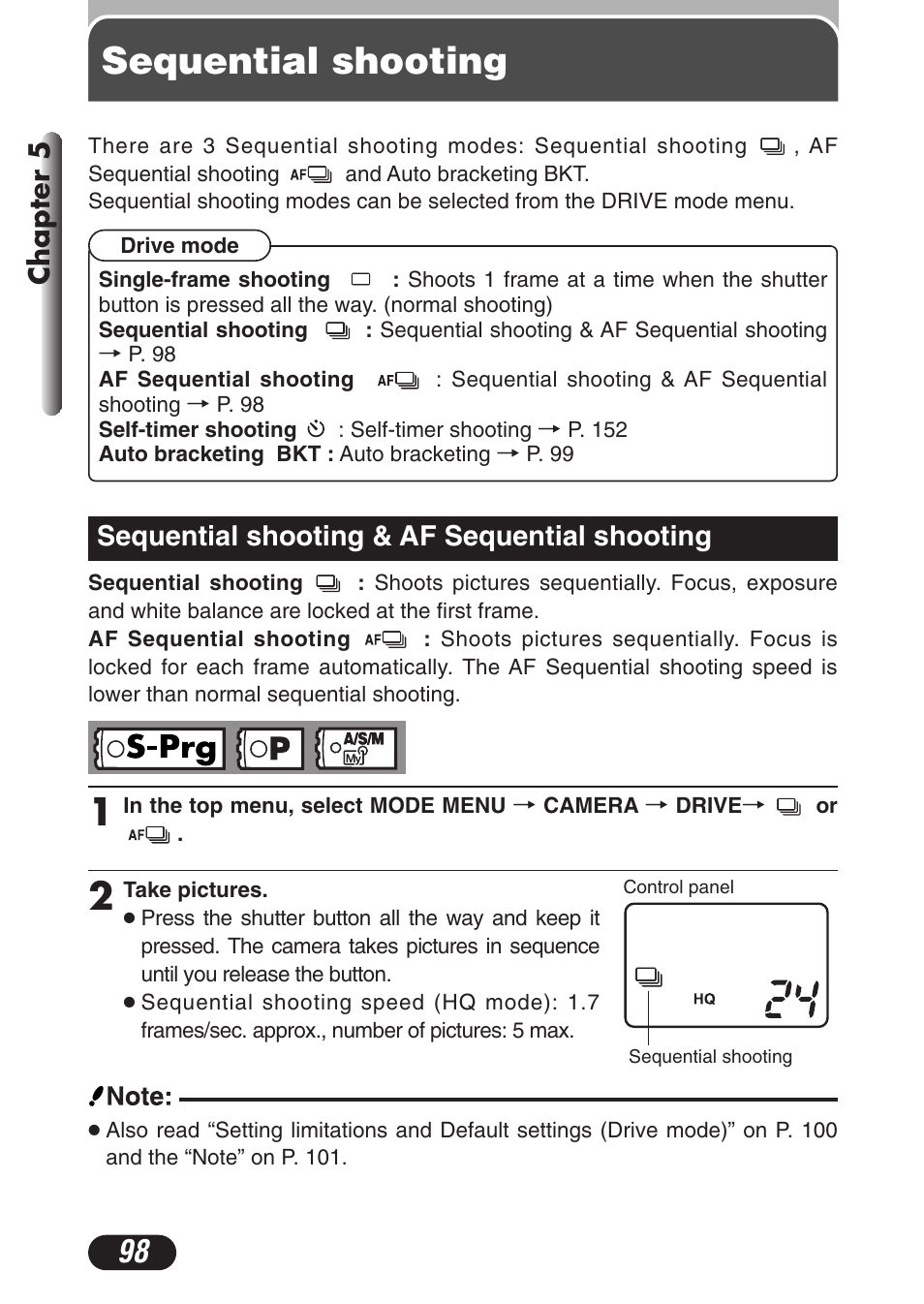Sequential shooting, Sequential shooting & af sequential shooting, Sequential shooting & af sequential shooting 98 | Chapter 5 | Olympus C-3020 Zoom User Manual | Page 98 / 206