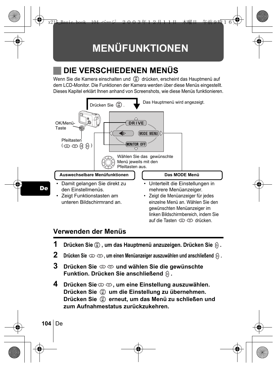 Menüfunktionen, Jdie verschiedenen menüs, Verwenden der menüs | Olympus X-350 en User Manual | Page 104 / 180