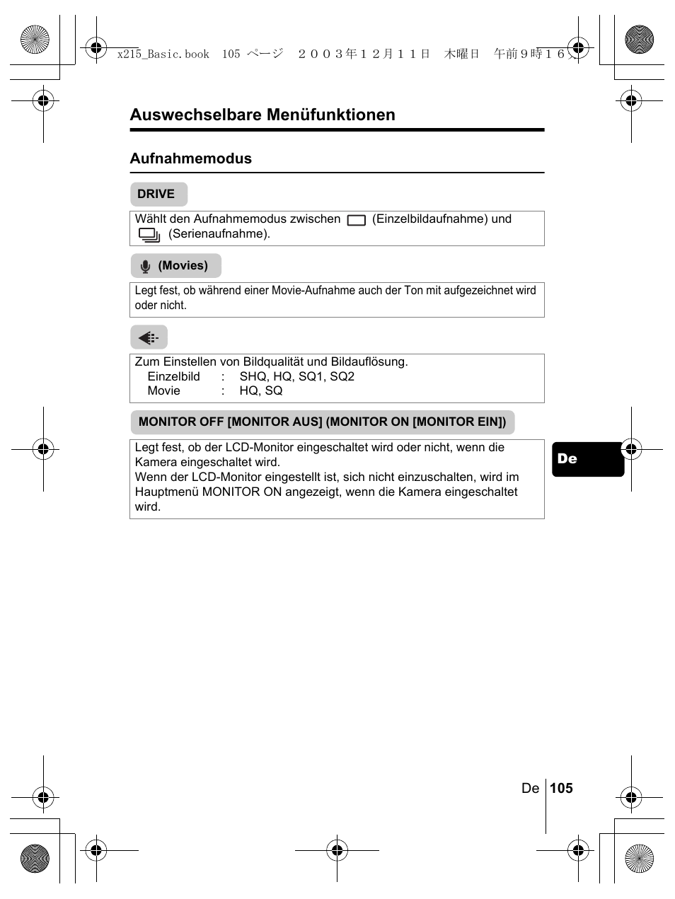Auswechselbare menüfunktionen | Olympus X-350 en User Manual | Page 105 / 180