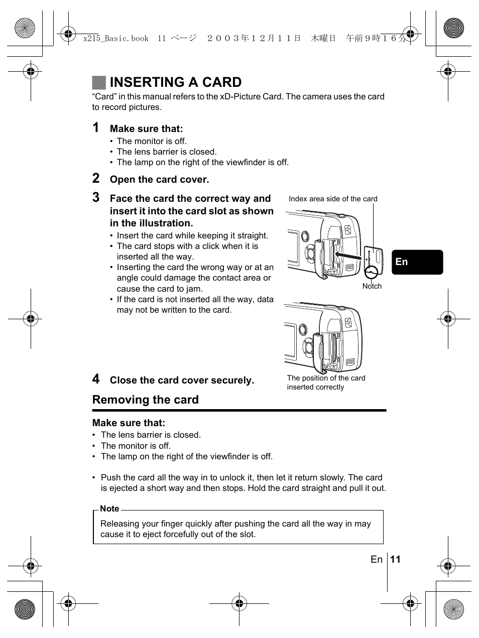 Jinserting a card, Removing the card | Olympus X-350 en User Manual | Page 11 / 180