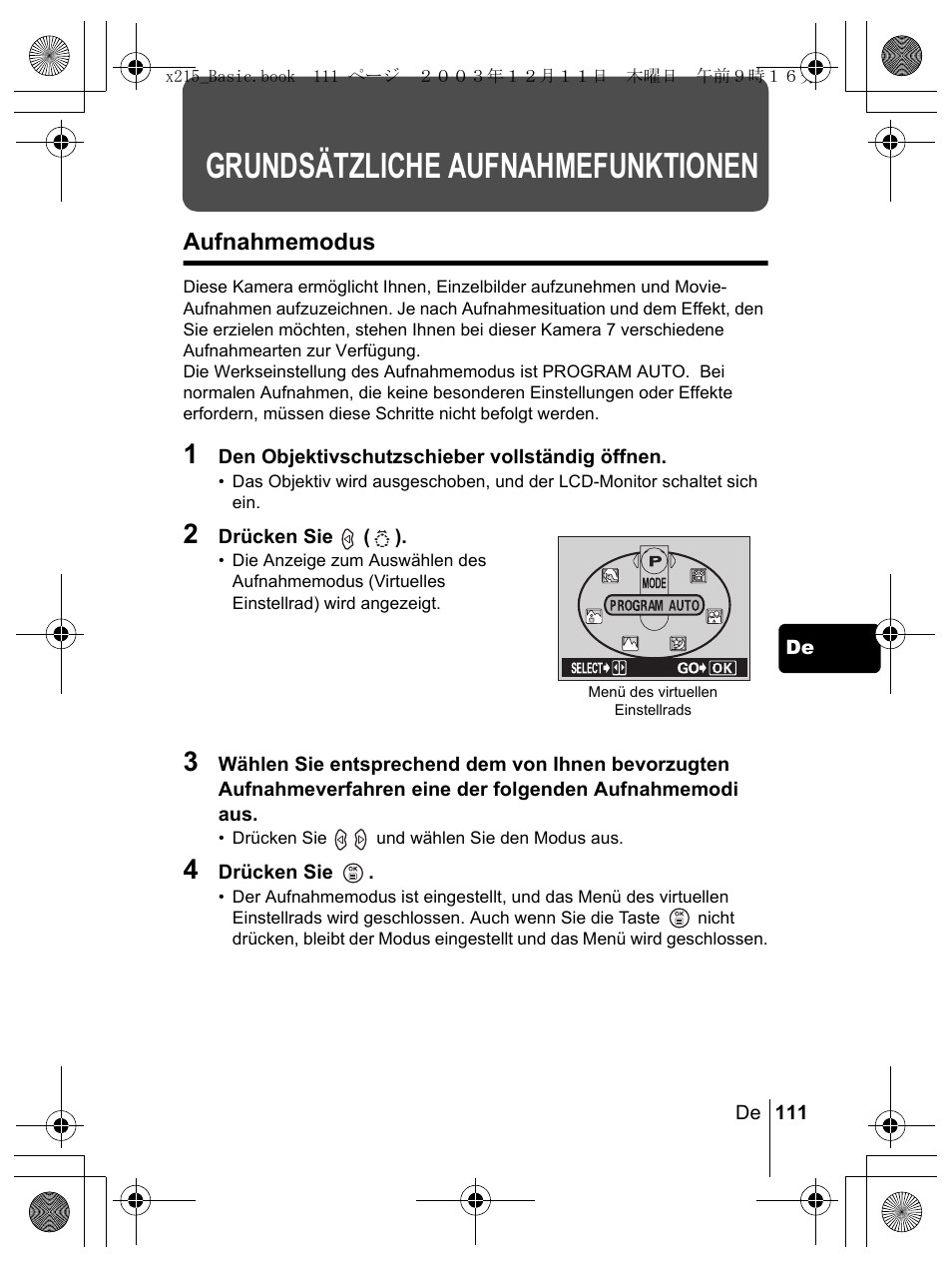 Grundsätzliche aufnahmefunktionen | Olympus X-350 en User Manual | Page 111 / 180