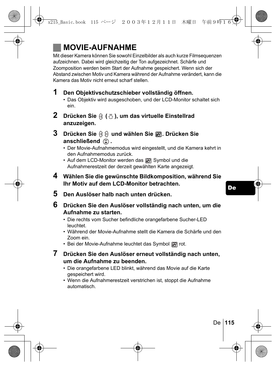 Jmovie-aufnahme | Olympus X-350 en User Manual | Page 115 / 180