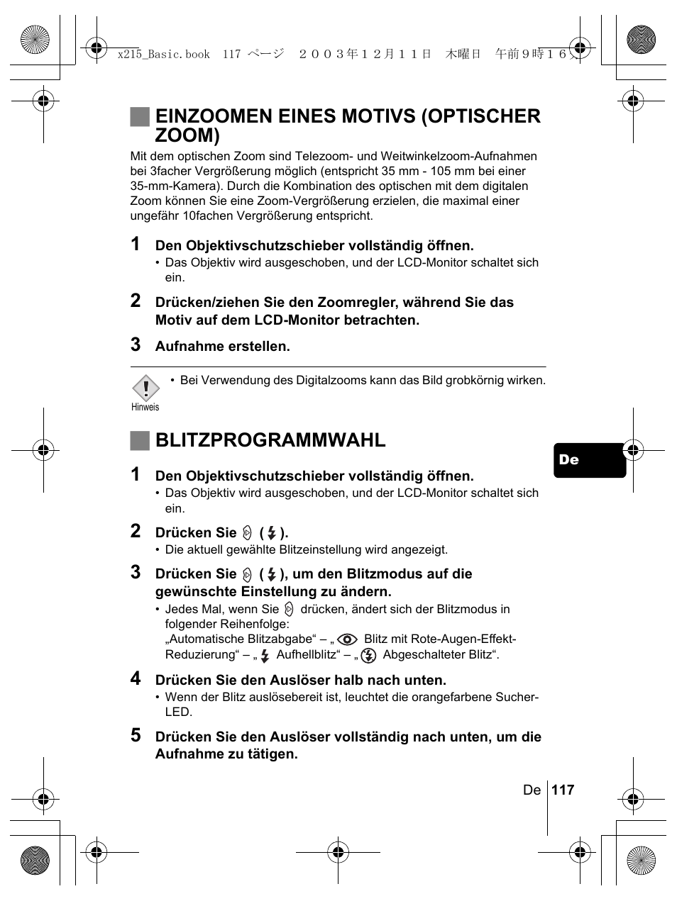 Jeinzoomen eines motivs (optischer zoom), Jblitzprogrammwahl 1 | Olympus X-350 en User Manual | Page 117 / 180