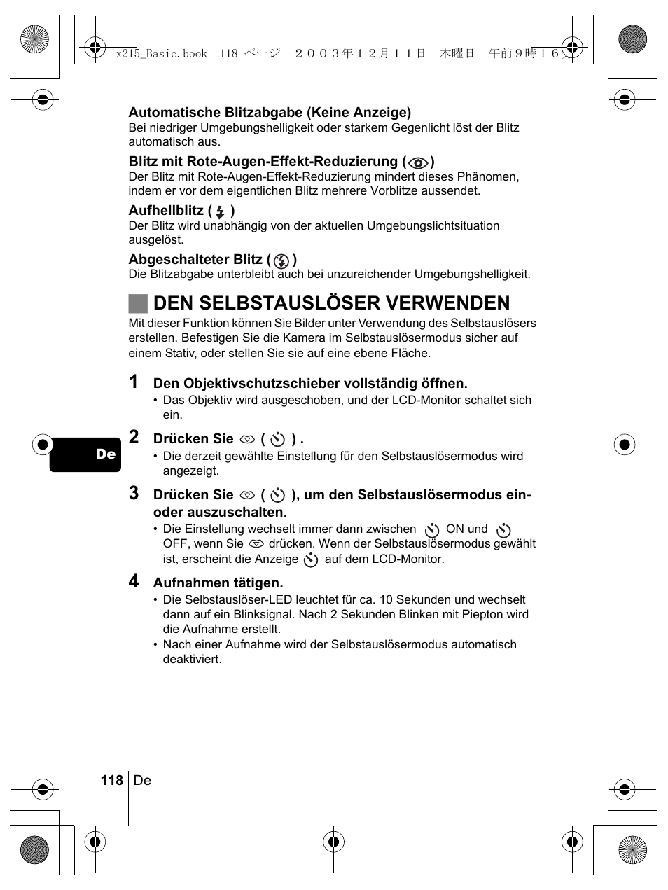 Jden selbstauslöser verwenden | Olympus X-350 en User Manual | Page 118 / 180