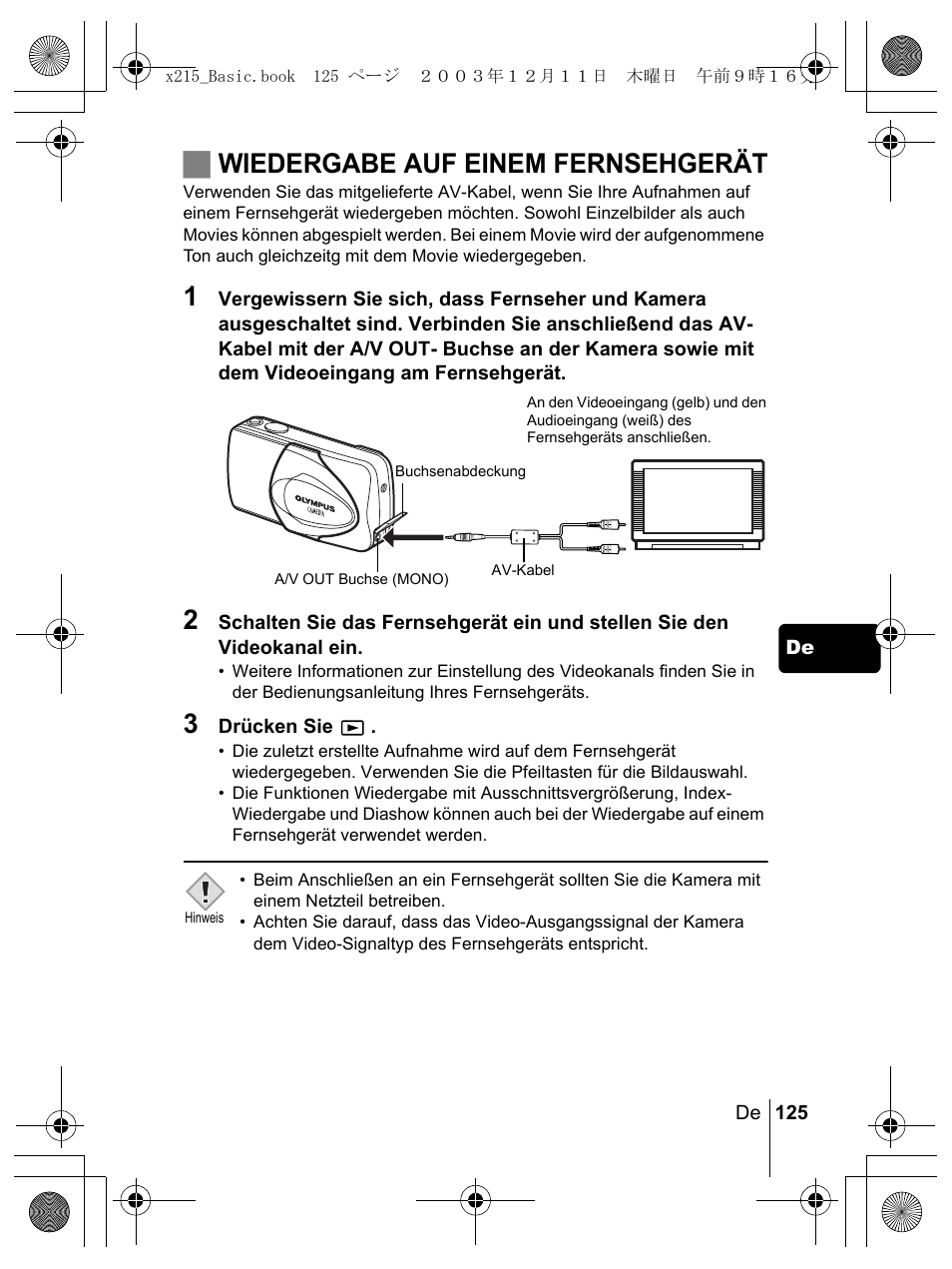 Jwiedergabe auf einem fernsehgerät | Olympus X-350 en User Manual | Page 125 / 180