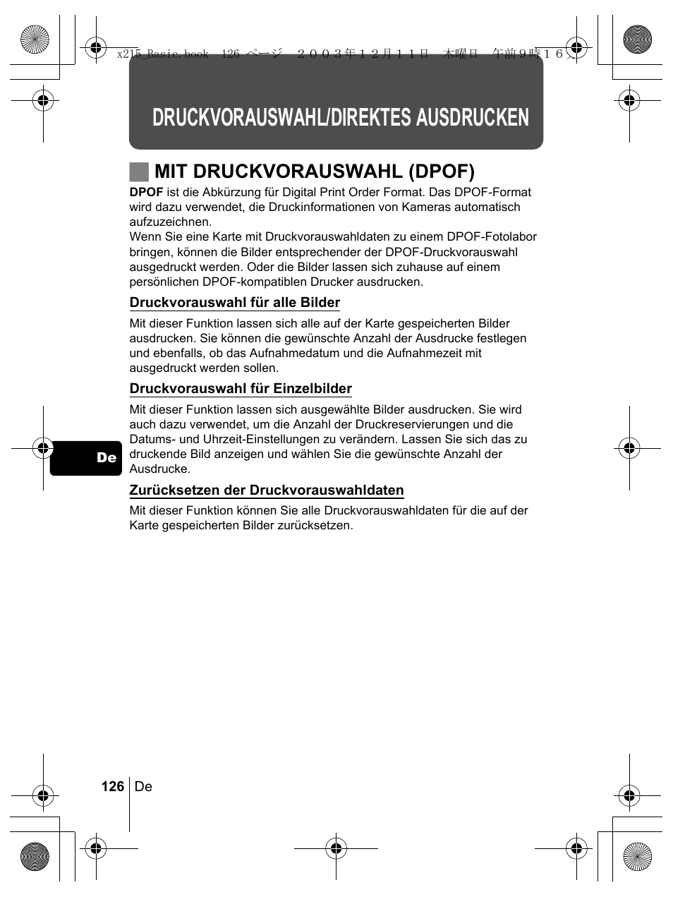 Druckvorauswahl/direktes ausdrucken, Jmit druckvorauswahl (dpof) | Olympus X-350 en User Manual | Page 126 / 180
