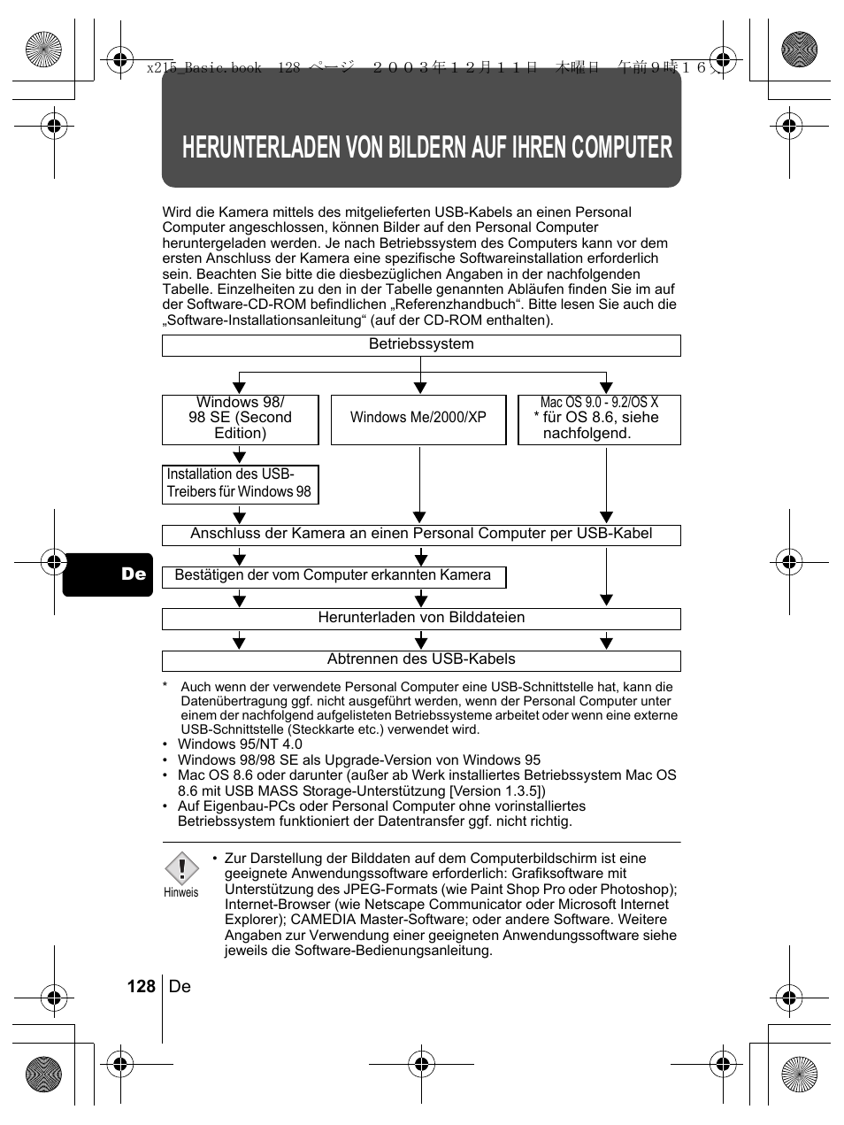 Herunterladen von bildern auf ihren computer | Olympus X-350 en User Manual | Page 128 / 180