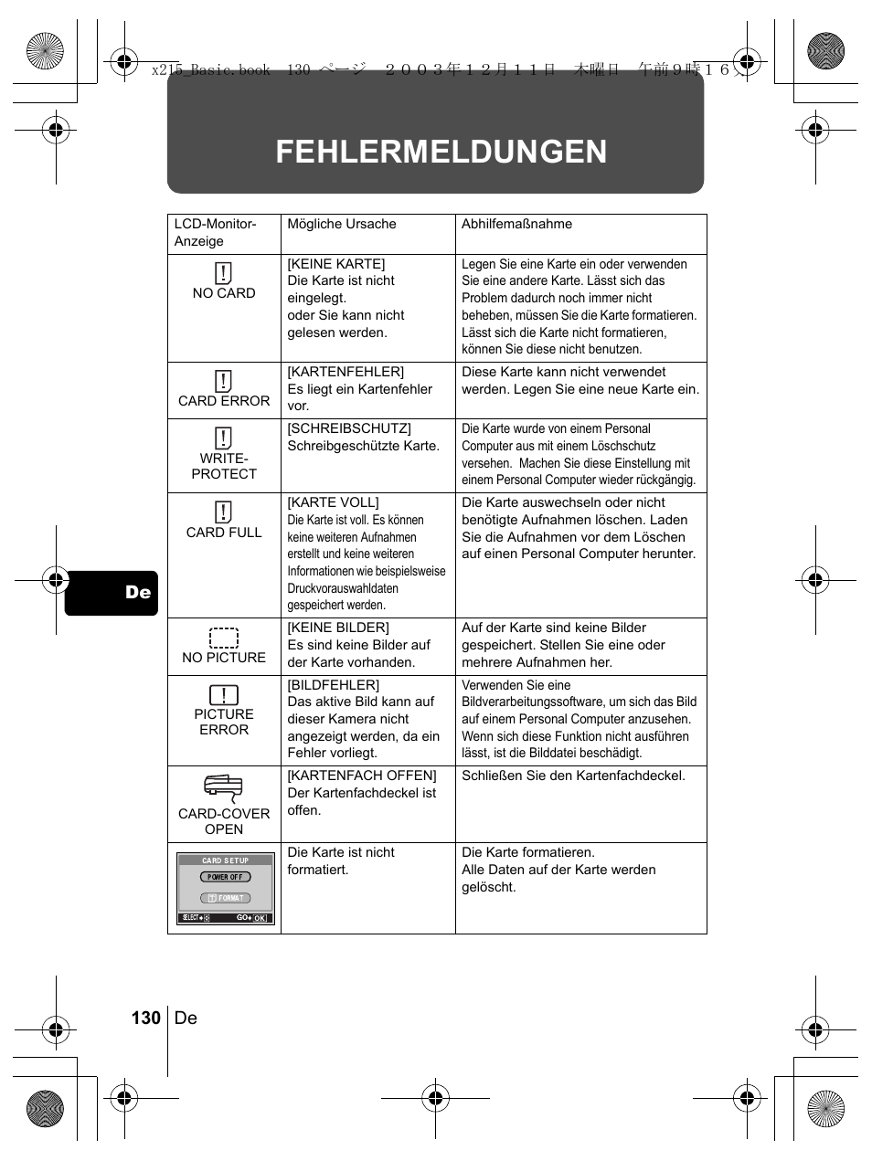 Fehlermeldungen, 130 de de | Olympus X-350 en User Manual | Page 130 / 180