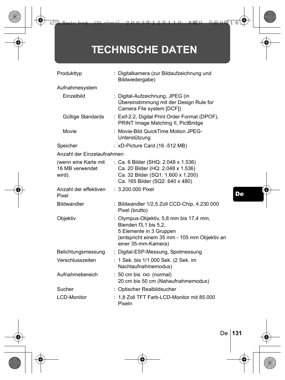 Technische daten | Olympus X-350 en User Manual | Page 131 / 180