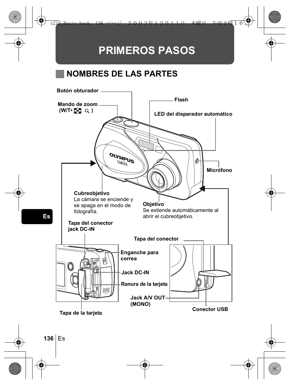 Primeros pasos, Jnombres de las partes | Olympus X-350 en User Manual | Page 136 / 180