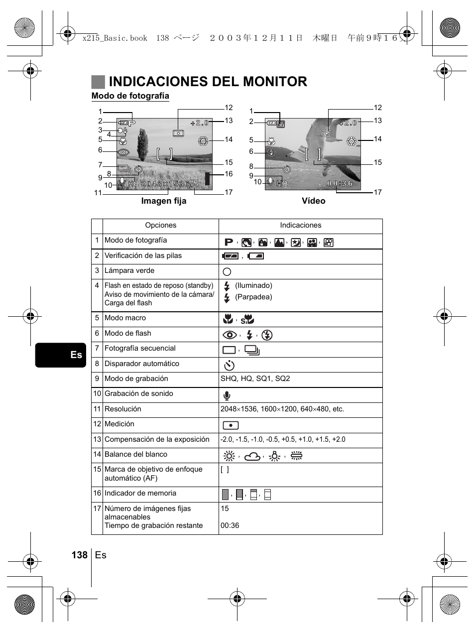 Jindicaciones del monitor, 138 es es | Olympus X-350 en User Manual | Page 138 / 180