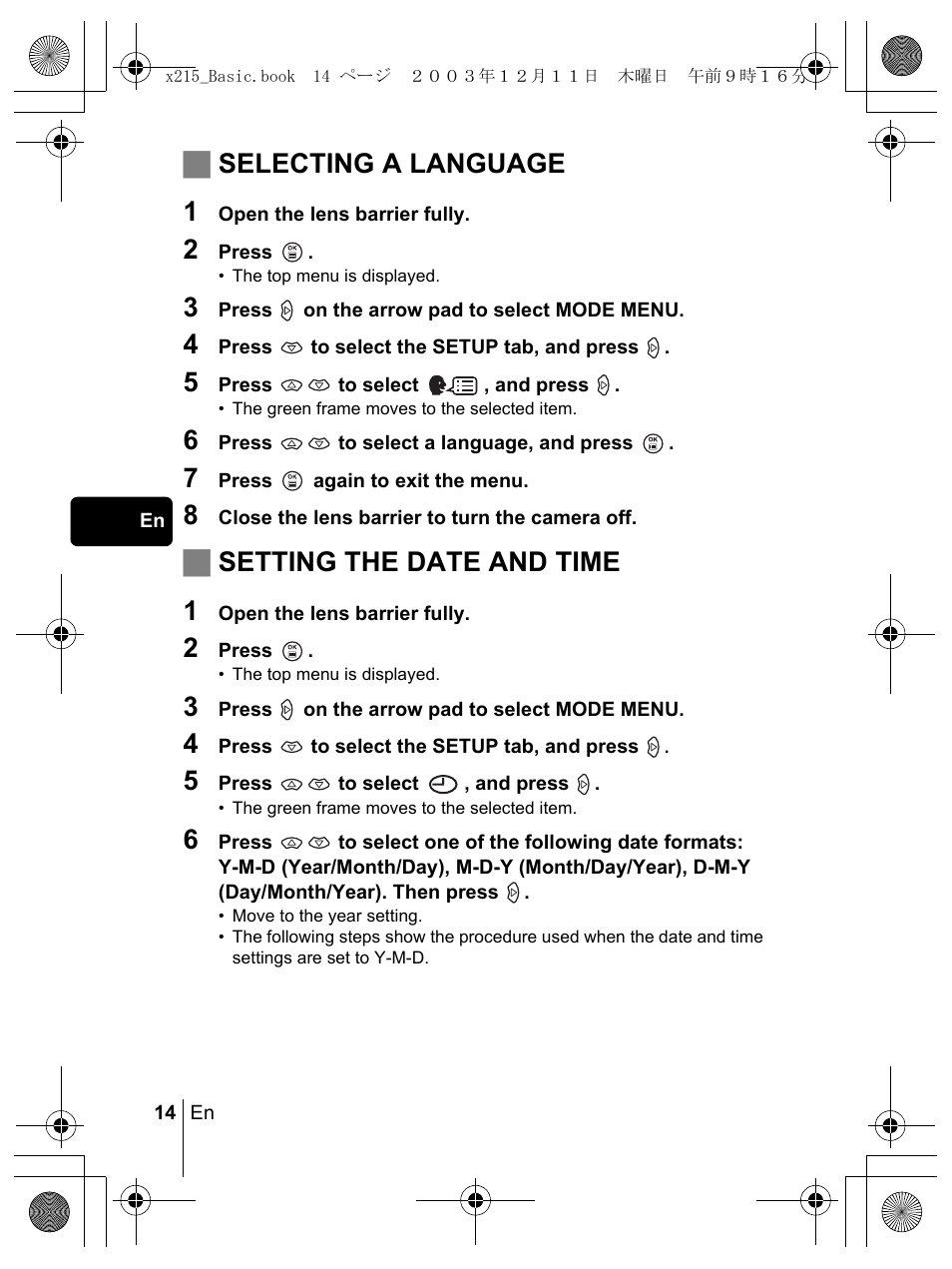 Jselecting a language 1, Jsetting the date and time 1 | Olympus X-350 en User Manual | Page 14 / 180